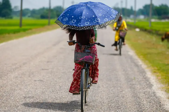 झापामा छाता ओढेर साइकल चलाउँदै महिला 
