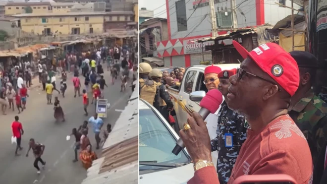 Foto of protesters for Onitsha main market and Anambra state governor Charles Soludo