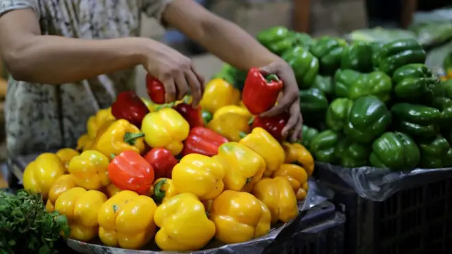 বাংলাদেশের শহরাঞ্চলে বাজার ছাড়াও পাড়া মহল্লায় দোকানিরা এভাবে ক্যাপসিকাম বিক্রি করেন। ছবিটি ঢাকার একটি কাঁচা বাজার থেকে তোলা। 