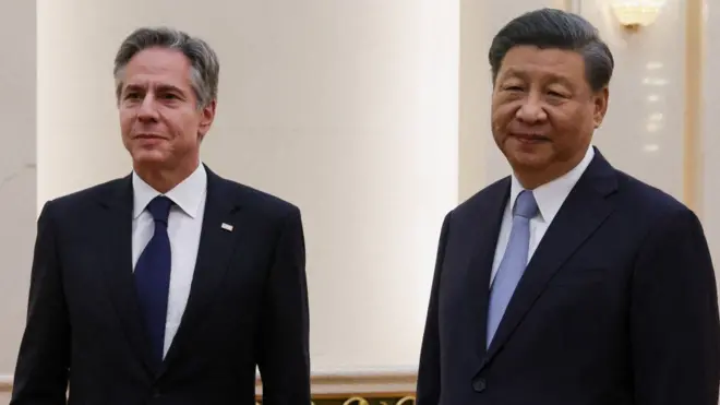 O secretário de Estado dos EUA, Antony Blinken, fotografado com o presidente da China, Xi Jinping, em junho de 2023