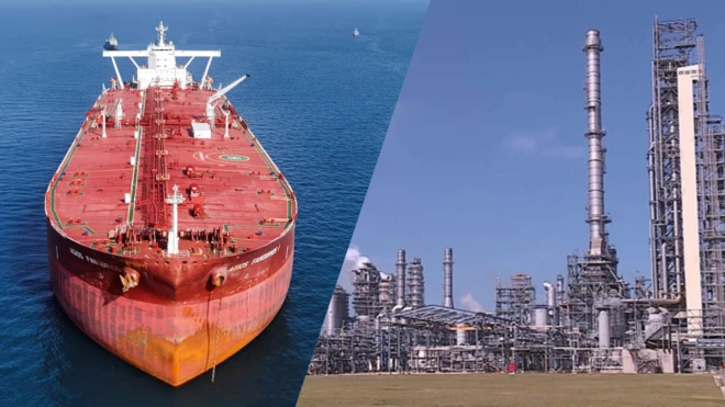 Tàu chở dầu thô siêu lớn (VLCC) mang tên Agios Fanourios I (trái) đang hướng đến Việt Nam để dỡ hàng tại nhà máy lọc hóa dầu Nghi Sơn ở Thanh Hóa (phải)