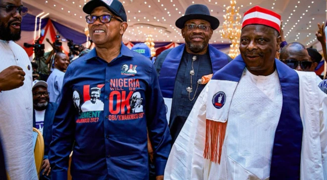 Foto Peter Obi, Seriake Dickson na Kwankwaso na nnukwu ọgbakọ NDC mere n'Abuja n'ụbọchị Satọde 9 Mee, 2026