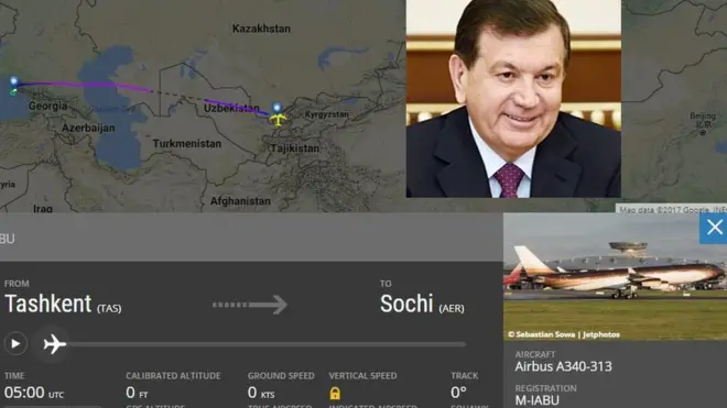 Радар сайтидаги M-IABU регистрацион ҳарфли Airbus A340-313 самолётининг парвози Мирзиёев парвозига мос тушади.
