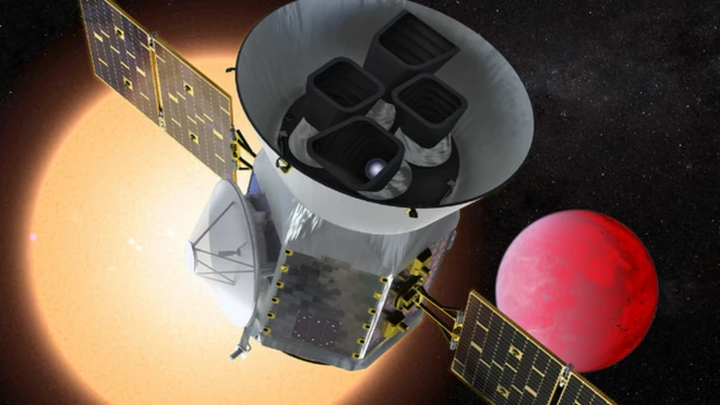 ภาพจำลองกล้องโทรทรรศน์อวกาศ TESS ซึ่งอยู่ด้านหน้าดาวเคราะห์ที่โคจรรอบดาวฤกษ์ขนาดเล็ก