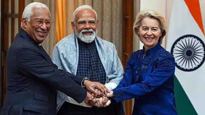 ప్రధానమంత్రి నరేంద్ర మోదీతో యూరోపియన్ కౌన్సిల్ ప్రెసిడెంట్ ఆంటోనియో లూయిస్ శాంటోస్ డా కోస్టా, యూరోపియన్ కమిషన్ ప్రెసిడెంట్ ఉర్సులా వాన్ డెర్ లేయన్