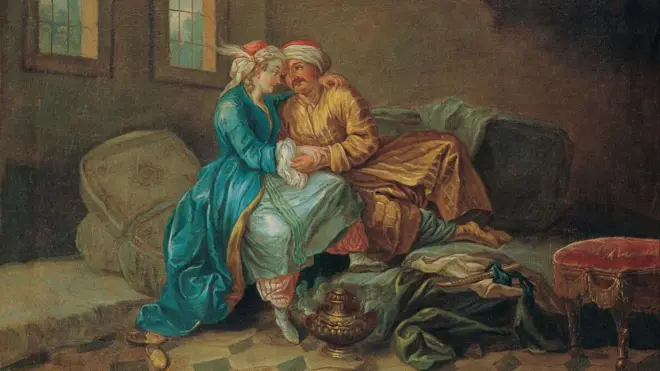 Etienne Jeaurat'nın (1699-1789) Sultanın Gözdesi tablosunda geleneksek Osmanlı kıyafeti giymiş bir kadın ve erkek birbirlerine sarılmış.