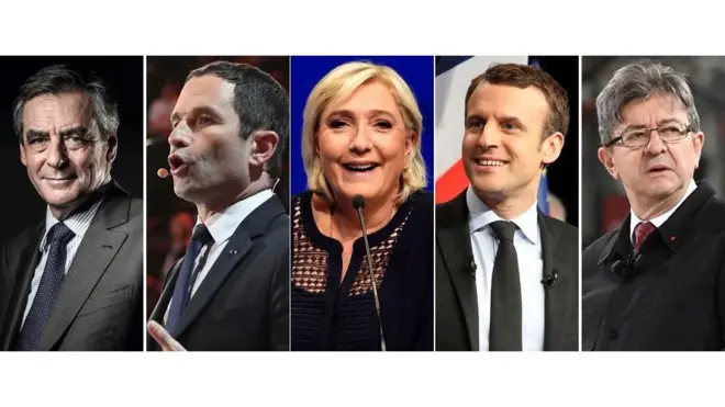 المرشحون الخمسة، (من اليسار) فرنسوا فيون، بونوا هامون، مارين لوبان، ايمانويل ماكرون وجان لوك ميلانشون