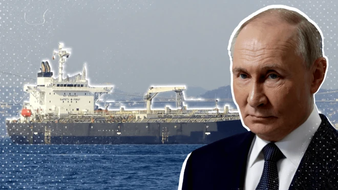 Montagem com foto de navio-tanque e Vladimir Putin