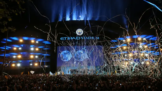 Manchester City's Etihad Stadium as fans celebrate Premier League title