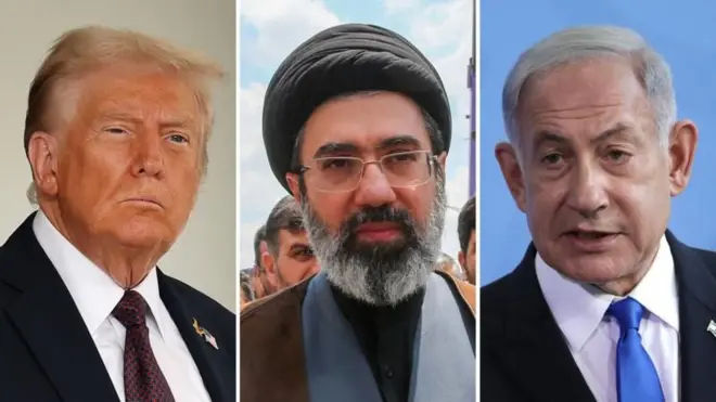 Rais wa Marekani Donald Trump, Kiongozi wa Iran Mojtaba Khamenei, na waziri mkuu wa Israel Benjamin Netanyahu