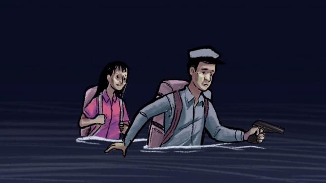 漫画：全光进（右）与金芝善（化名；左）横渡图们江