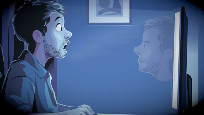 man sees himself on screen