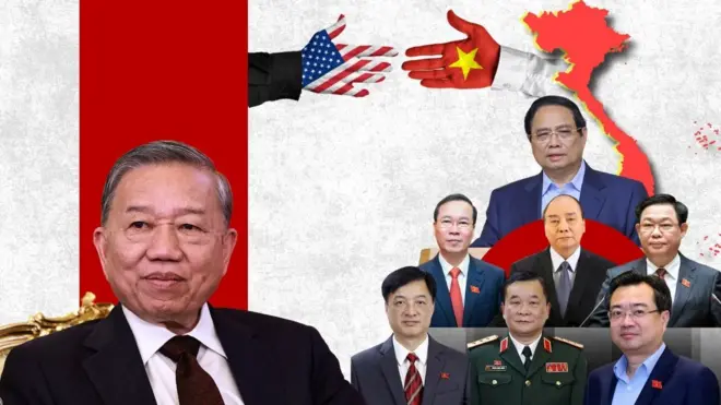 Ảnh minh hoạ các nhân vật nổi bật trong năm 2025 tại Việt Nam, gồm các ông Tô Lâm, Phạm Minh Chính, Nguyễn Xuân Phúc, Võ Văn Thưởng, Vương Đình Huệ, Nguyễn Duy Ngọc, Hoàng Xuân Chiến, Nguyễn Thanh Nghị