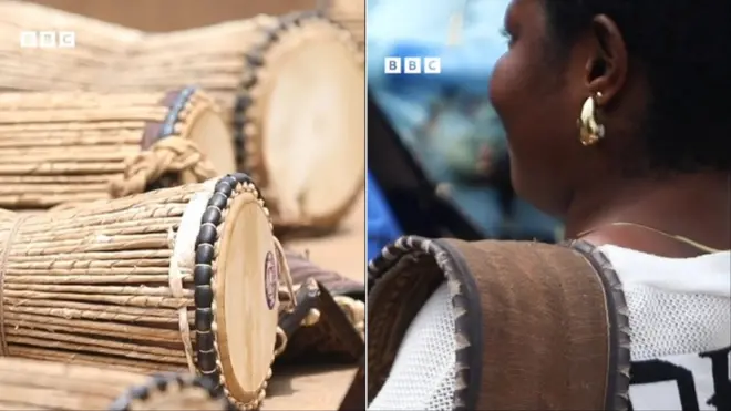 Aworan ilu gangan ati obinrin kan to gbe ilu gangan kọ apa.