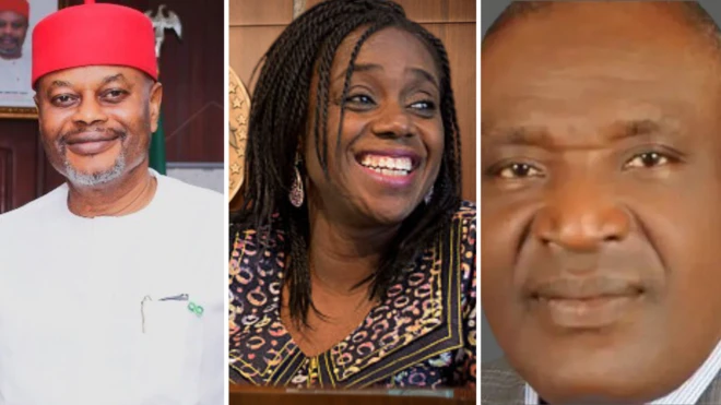 Uche Nnaji wear red cap, Kemi Adeosun smiling and Biobarakuma looking at di camera