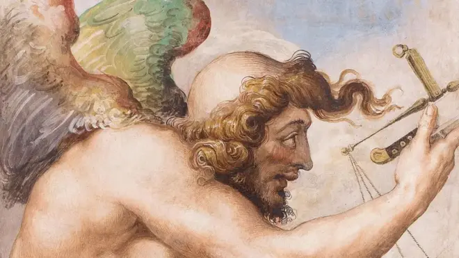 Detalle de la obra "El momento de la decisión (Kairós)", c. 1544. Forma parte de la colección del Palazzo Vecchio, Florencia. Se ve al dios con la cabeza calva por detrás y pelo por delante, barba y alas, sujetando una cuchilla y se alcanza a ver la parte superior de una balanza. 