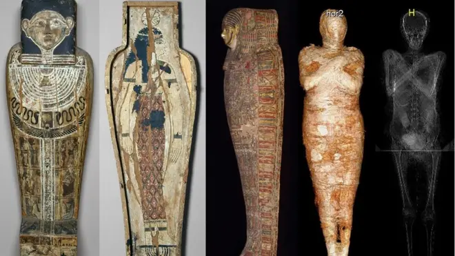 โลงชั้นนอกและชั้นใน รวมทั้งร่างมัมมี่และภาพสแกนอวัยวะภายในของ "สตรีปริศนา"