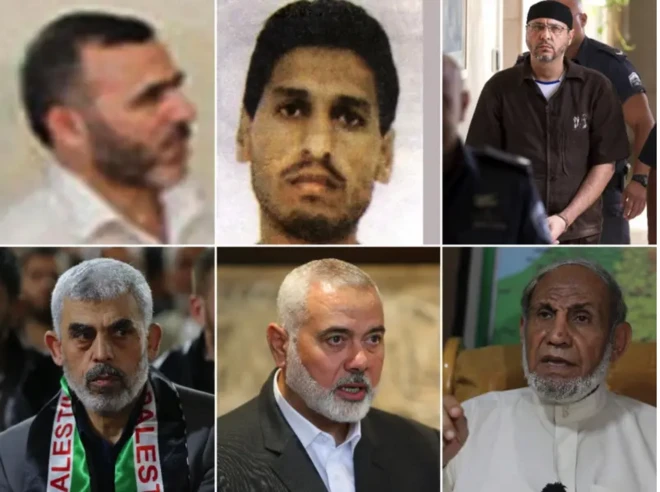 (بالا از چپ به راست) مروان عیسی، محمد ضیف، عبدالله برغوثی (پایین از چپ به راست) یحیی سنوار، اسماعیل هنیه و محمود زهار