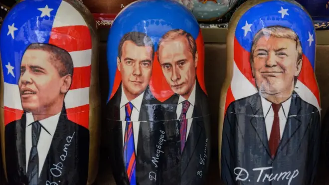 матрешки с Обамой, Медведевым, Путиным и Трампом