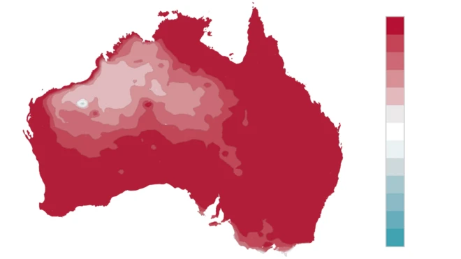 This Bureau of Meteorology map shows the likelihood of temperatures reaching beyond average levels