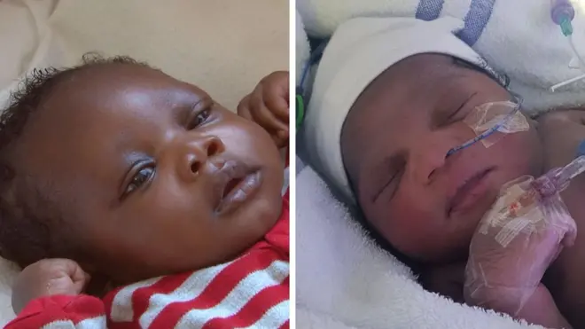 A composite image of photos provided by the Metropolitan Police. On the left is baby Harry who has wavy dark hair and is wearing a red and white striped outfit. To the right is his sister Roman. She is wearing a white hat and has a tube in her nose and a hospital drip in her hand.