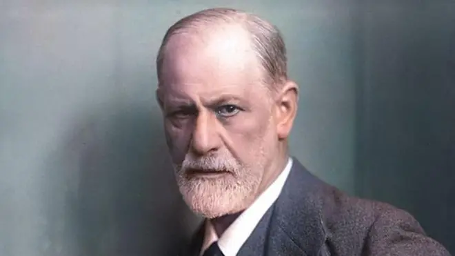 Sigmund Freud, um homem de expressão séria e olhar penetrante, encara a câmera. Ele tem pele clara, testa ampla com entradas acentuadas e cabelos curtos, grisalhos, penteados para trás. Usa barba e bigode bem aparados, também grisalhos. Está vestido com um terno escuro, camisa branca e gravata. O fundo é neutro e desfocado, em tons suaves de verde-acinzentado.
