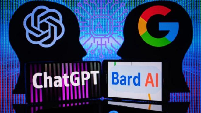 Celulares com logos do ChatGPT e Bard AI