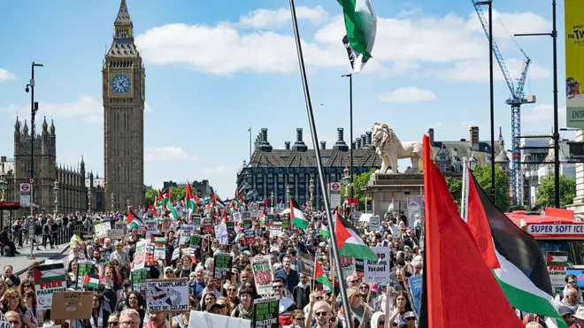 يحمل مشاركون في المظاهرة العلم الفلسطيني (أسود، أبيض، أخضر، ومثلث أحمر). أعداد كبيرة تشارك في المظاهرة ويحملون يافطات كتب عليها باللغة الإنجليزية دعوات لوقف إطلاق النار والحرية للفلسطينيين. المظاهرة كانت نهاراً وفي الخلفية ساعة بج بن.