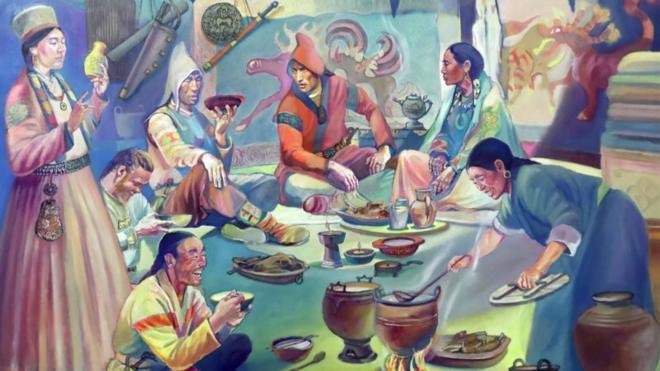 Ilustração mostra cena de família Xiongnu se alimentando em tenda