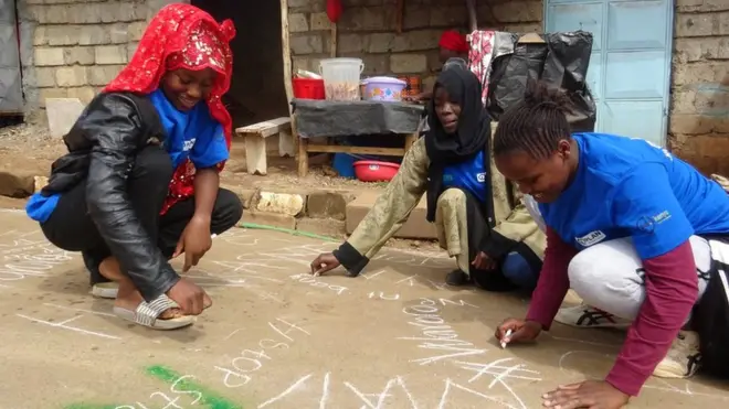 A photo of girls writing their street harassment experiences on roads
