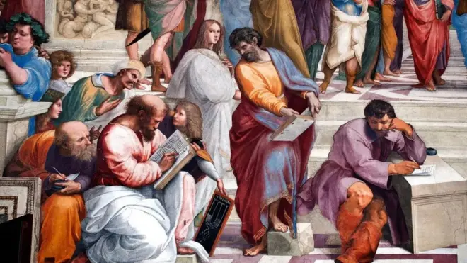 الفيلسوف هرقليطس (على يمين الصورة على منضدة) في لوحة "مدرسة أثينا" للفنان رفائيل