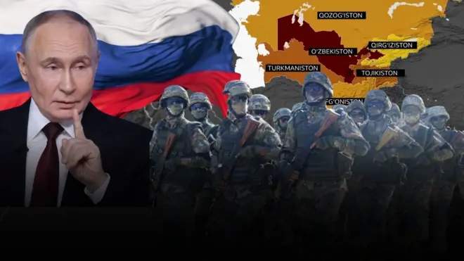 Россия Президенти Владимир Путин Марказий Осиё харитаси, Россия байроғи ва Ўзбекистон ҳарбийлари фонида акс этган. 
