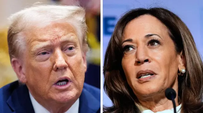 Montagem do presidente Donald Trump de terno azul ao lado de Kamala Harris em um microfone
