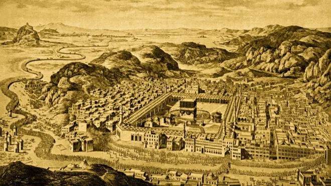 مكة المكرمة والكعبة والمسجد الحرام. صورة طُبعت عام ١٧٩٠ في باريس