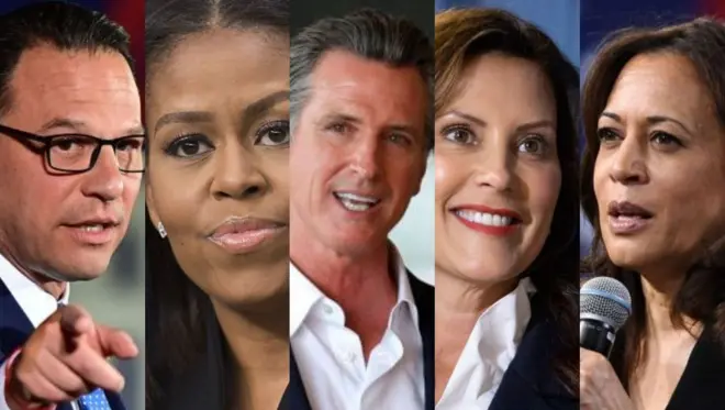 ከግራ ወደ ቀኝ፤ ጆሽ ሻፒሮ፣ ሚሼል ኦባማ፣ ጋቪን ኒውሰም፣ ግሬቸን ዊትመር እና ካማላ ሃሪስ