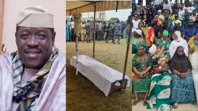 Aworan Ogogo wa lapa osi, aworan oku rẹ ninu posi wa laarin ti tawọn oṣere to wa sibi isinku rẹ si wa lapa ọtun.