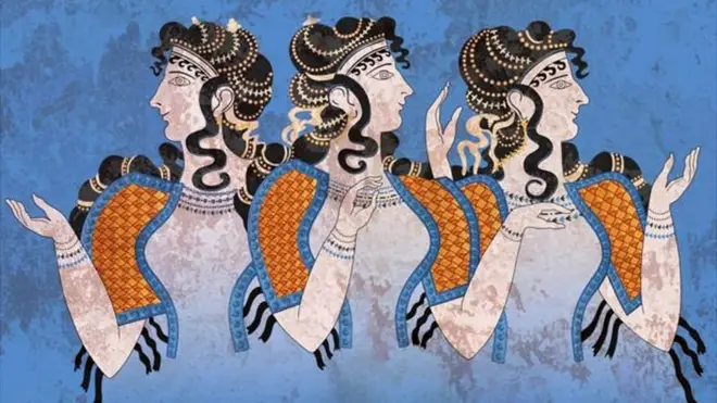 Mujeres de la cultura minoica, en frescos hallados en el palacio de Knossos, en Creta. El nuevo estudio comprueba que los minoicos estás estrechamente relacionados con sus sucesores, los micénicos.