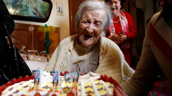 Emma Morano celebrated among friends with a cake at her home in Verbania on Tuesday