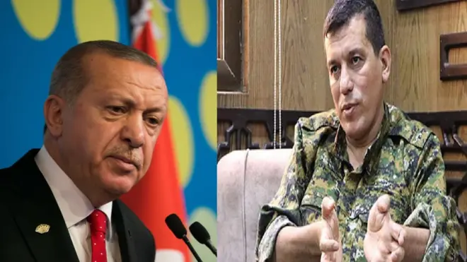 الجنرال مظلوم كوباني (يمين) والرئيس التركي رجب طيب أردوغان (يسار)