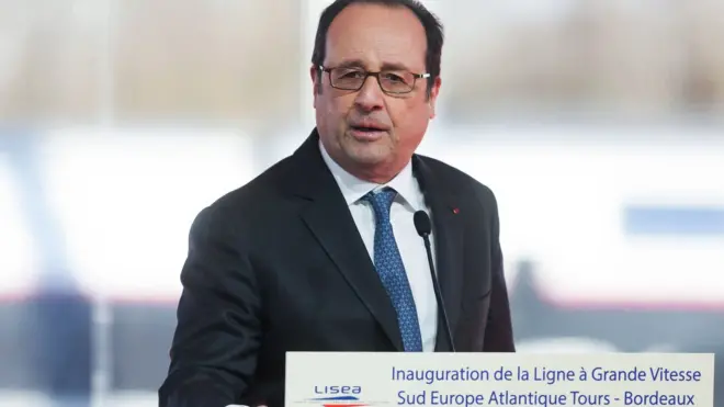 French President Francois Hollande delivers a speech as he attends the inauguration of a new high-speed rail line
