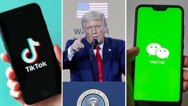 الرئيس الأمريكي دونالد ترامب وهاتفات محمولان يحملان تطبيقي تيك توك ووي تشات