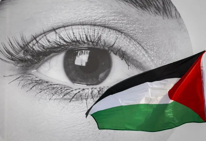 پرچم فلسطین و تصویری از یک چشم در پشت آن