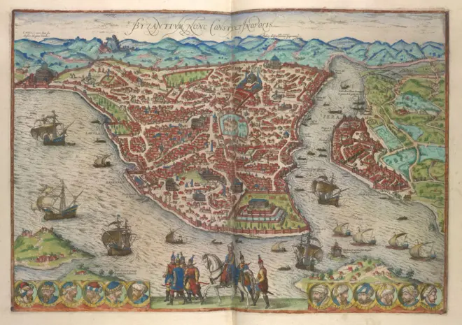 Bizans dönemi İstanbul'unu gösteren 1582'de yapıldığı tahmin edilen bir harita