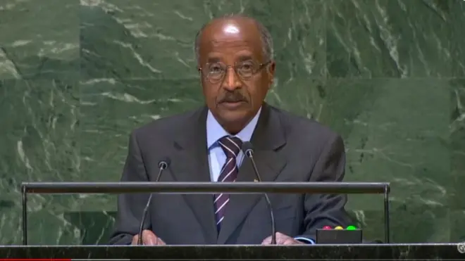 የኤርትራ የውጭ ጉዳይ ሚኒስትር አቶ ኡስማን ሳላህ በተባበሩት መንግስታት ተገኝተው ንግግር ሲያደርጉ