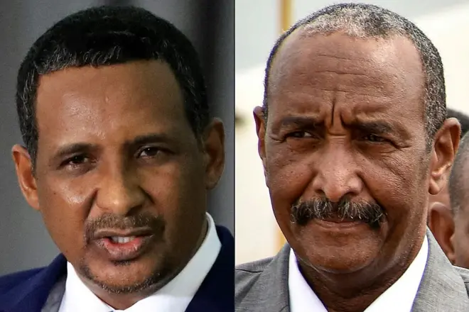 صورة مركبة من جزأين: على اليمين، قائد الجيش السوداني، عبد الفتاح البرهان، مرتديا بدلة، وعلى اليسار، قائد قوات الدعم السريع، محمد حمدان دقلو، المعروف بـ"حميدتي"، مرتديا بدلة أيضا.