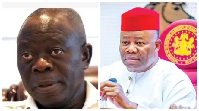 Senetọ Adams Oshiomhole ati Godswill Akpabio; olori ile igbimọ aṣofin agba Naijiria.