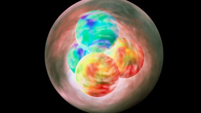 ภาพจำลองนิวเคลียสของอะตอมฮีเลียม ประกอบไปด้วยโปรตอนและนิวตรอนอย่างละ 2 ตัว