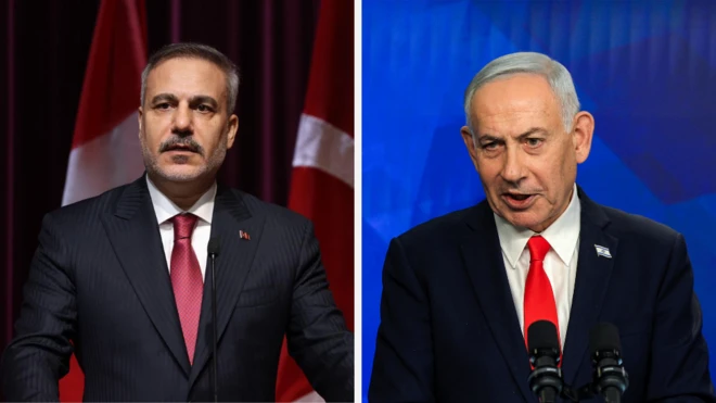 Türkiye Dışişleri Bakanı Hakan Fidan ve İsrail Başbakanı Binyamin Netanyahu'yu (sağda) gösteren bir kolaj. 
