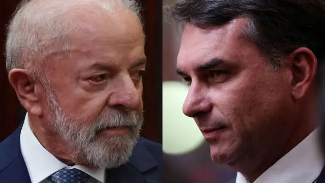 Foto dos rostos de Lula e Flávio Bolsonaro lado a lado.
