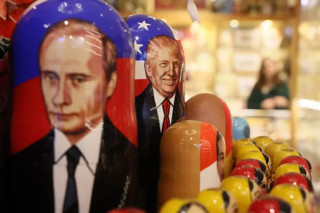 Traditional Russian Matryoshka dolls decorated with portraits of the Russian President Vladimir Putin (L) and the US President Donald Trump are on display at a souvenir shop in downtown Moscow, Russia, 21 January 2025.